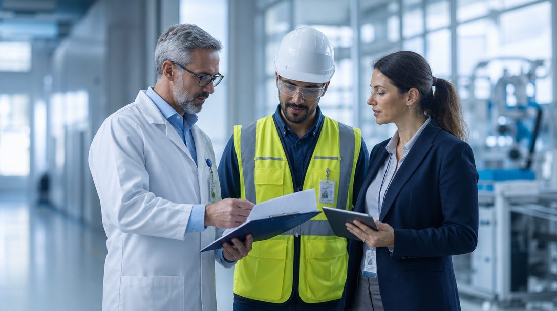 Equipe multidisciplinar da TRH — médico do trabalho, engenheiro de segurança e gestora analisando um laudo técnico